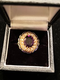 14 Kt Yellow Gold With Amethyst, Diamonds, And Enameled Edges, With Setting Enameled