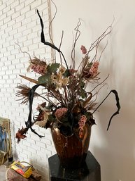 Silk Floral Arrangement With Copper And Brass Colored Ceramic Vase,