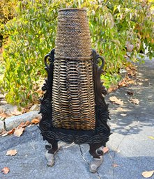 Vintage Asian Handcarved Wood And Rattan Floor Vase