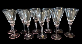 Set Of Ten Fine Crystal Pink Spiral Stemmed Wine Glasses By Etruria