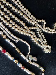 Grouping Of Pearl Necklaces And Clip On Earrings. Double Necklaces Is Broken And Missing A Stone