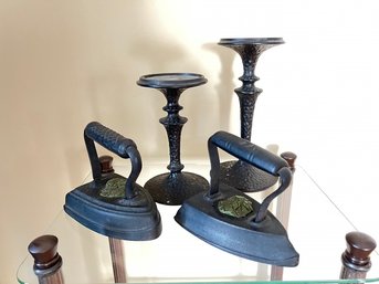 Lot Or 2 Irons And 2 Candlesticks