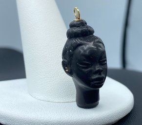 Amazing Carved Ebony Blackmoor Pendant Charm Set In 14k Yellow Gold