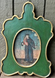 Antique Painted Retablo On Wood Framed St. Anthony & Child Jesus