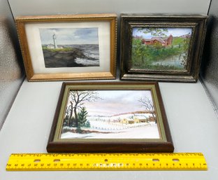 4 Adorable Miniature Paintings - 2 Acrylic Signed & 1 Watercolor W/ Glass Frame