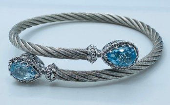 Signed Gabriel Sterling Silver & Stainless Steel Blue Topaz Cable Bangle
