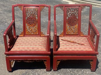 Pair Red Lacquered Oriental Chairs (2)