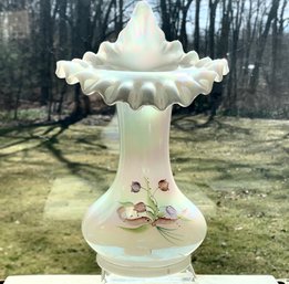 Fenton Art Glass Jack In The Pulpit Signed Vase With Tulips & Ribbons