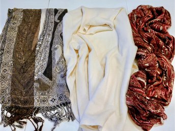 White Cashmere Sweater Extra Small With Two Fun Scarves