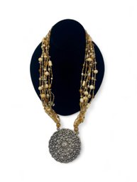 Silver Tone Pendant Amber Glass & Bone Beads Necklace