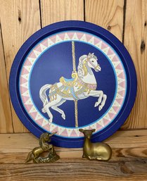 1990 Carousel Horse Tin Tray With Brass Unicorn And Deer