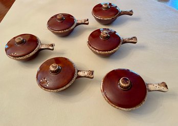 Six Vintage Hull Pottery Stoneware Brown Drip Soup Bowls With Lids