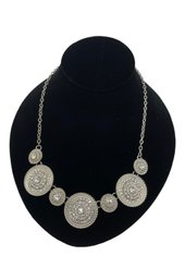 Silver Tone Disc Necklace With Rhinestones