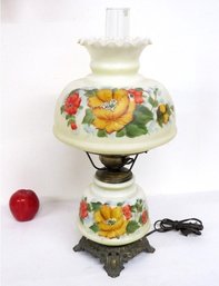 A Vintage Mid-Century Floral Painted Hurricane Shade Table Lamp