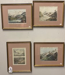 Four Framed Hand Colored Mountain Scape Prints