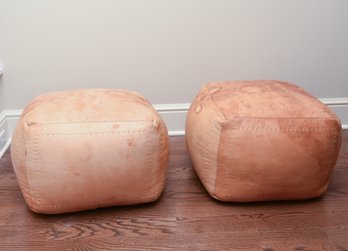 (2) Distressed Leather Poufs