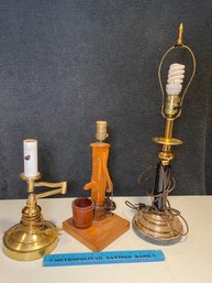 3 Table Lamps Brass Swing Arm Wood And Candle Stick Lamp