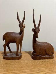 Pair Wood Carved Deer