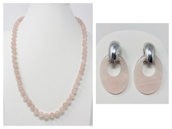 Rose Quartz And Sterling Earrings And Necklace