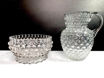 Vintage Hobnail Glass Pitcher And Bowl