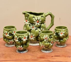 Vintage Marco 1969 Ceramic Floral Pitcher And (4) Cups