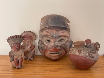 Pre- Colombian Mud Artifacts ( Mask, Vessel And Two Figurines )