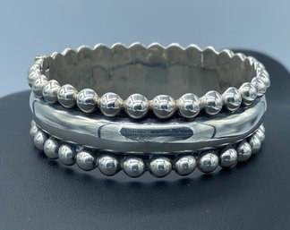 Large Mexican Sterling Silver Bangle Bracelet W/ Beaded Accents