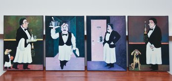 (4) Whimsical Paintings Of Waiters Acrylic On Canvas