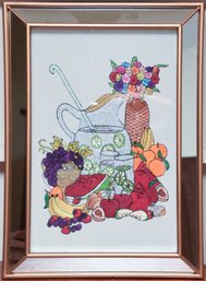 Handmade Embroidered Artwork Depicting Pitcher Of Margheritas And Fruit With Mirror Frame