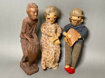 Vintage Mr & Mrs Social Security Rag Dolls & Wooden Statue