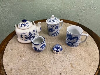 Vintage Blue & White Tea Pot, Cups, Ceramic Box & Sugar Bowl