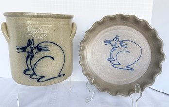 Lot Of 2- Salmon Falls Stoneware Crock & Pie Plate Decorated By The Owner, Andy Cochran- FAT CAT Design