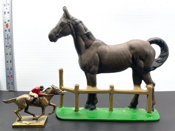 Cast Iron Standing Horse And Brass ANTIQUE HORSE RACING MAN JOCKEY  DESK EQUESTRIAN PAPERWEIGHT