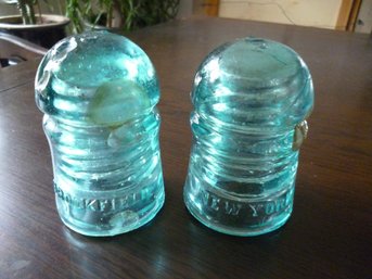 Vintage Glass Insulator Pair Labeled New York And Brookfield