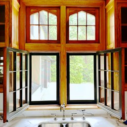 A Pair Of Wood Casement Windows With Gothic Transom Tops - Above Kitchen Sink