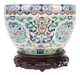 Enameled  Chinese Famille Verte Scrollwork Decorative Porcelain Jardiniere  2 Of 2