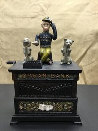 A Vintage Cast Iron Mechanical  Money Bank   'Organ Bank'