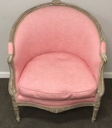 Vintage French Style Pink Upholstered White Washed Barrel Chair.