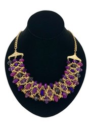 Gold Tone With Purple Glass And Acrylic Bead Necklace