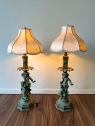 Pair Of Cherub Decorated Table Lamps