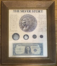 The Silver Story Collection In Frame 1902 Morgan Dollar, Silver Granules, 1945 War Nickel, 1958 Dime & 1935 E