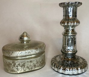 Vintage Mercury Glass - Candlestick Taper Candle Holder - Covered Lidded Trinket Vanity Dresser Box