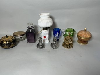 STERLING SILVER OVERLAY PERFUMES, MARY GREGORY GLASS AND DRESSER ITEMS