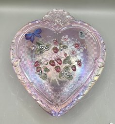 Large Fenton Iridescent Pink Glass Hand-Painted Strawberry Heart Shaped Box