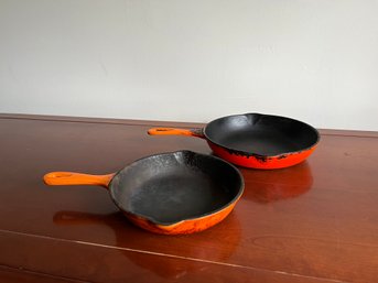 Pair Of Le Creuset Cast Iron Enameled Skillets - Well Used