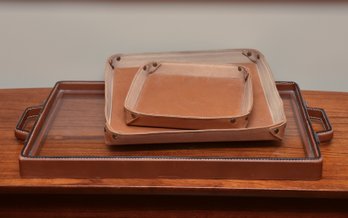 (2) Parker Clay Leather Trays With Glass And Leather Trimmed Glass Serving Tray