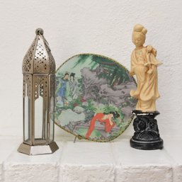 Vintage Chinese Soapstone Figurine, Chinese Paddle Fan And Morrocan Style Lantern