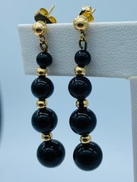 14k Yellow Gold Black Onyx Graduated Stone Pendant Earrings