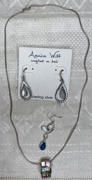 Lot Sterling Silver Jewelry: Annica Witt Earrings Moonstone From Bali, MOP & Abalone Necklace, Costume Earring