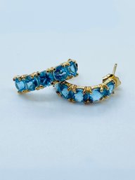 14k Yellow Gold & Aquamarine Huggie Style Stud Earrings